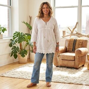 SR Fashions White Embroidered Boho Tunic XXL NWT Coastal Cottagecore Cotton